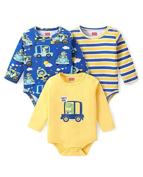 Babyhug 100% Cotton Full Sleeves Dino Printed Onesies Pack of 3 - Multicolour