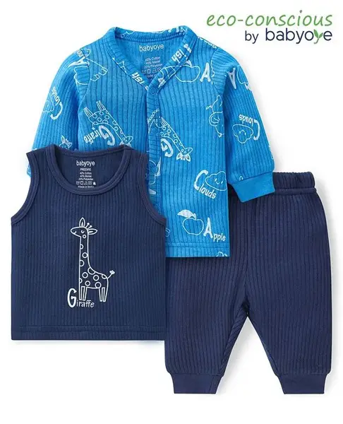 Babyoye Cotton Modal  Knit Full Sleeves Drop Needle Thermal Wear Set Giraffe   Print - Blue & Navy