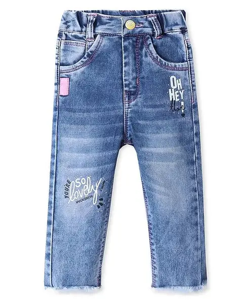 Olio Kids Denim Full Length Jeans with Text Print & Patch Detailing - Light Blue