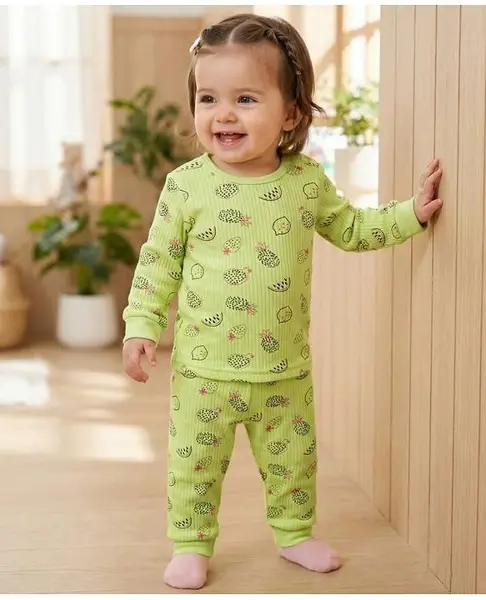 Babyoye Cotton Modal Blend Full Sleeves Thermal Inner Wear Set With Fruits Print - Green