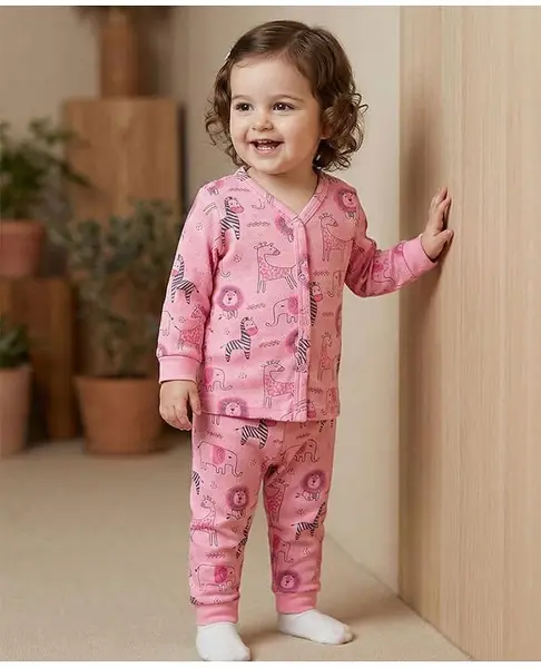 Babyoye Cotton Modal Blend Knit Full Sleeves Animal Printed Thermal Vest & Pant Set - Pink
