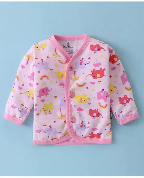 Child World Interlock  Full Sleeves Front Open Jhabla Elephant Print - Pink