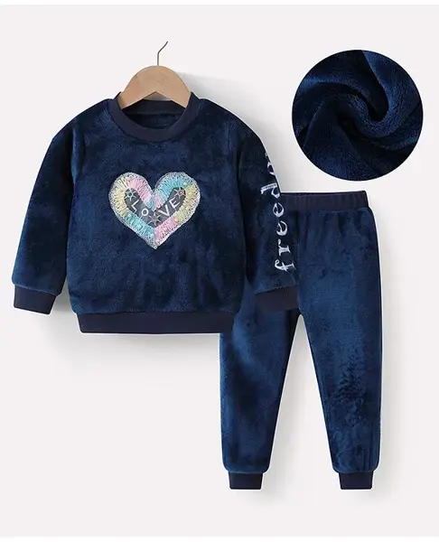 Kookie Kids Full Sleeves Winter Wear T-Shirt & Pant Set with Heart & Text Embroidery - Navy Blue