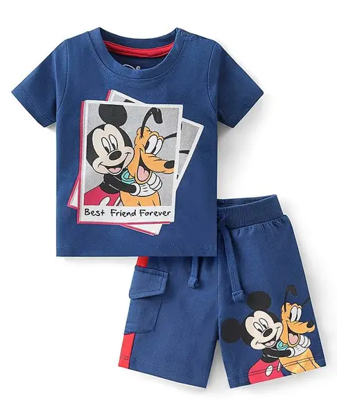 Babyhug Disney Single Jersey Knit Half Sleeves T-Shirt And Shorts Set with Mickey Mouse Graphics - Blue & Red