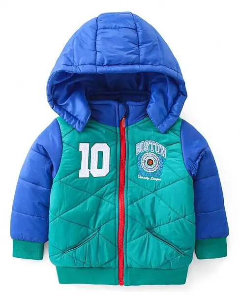 Babyhug Woven Full Sleeves Padded Hooded Jacket with Quilted Design & Placement Embroidery - Green & Blue