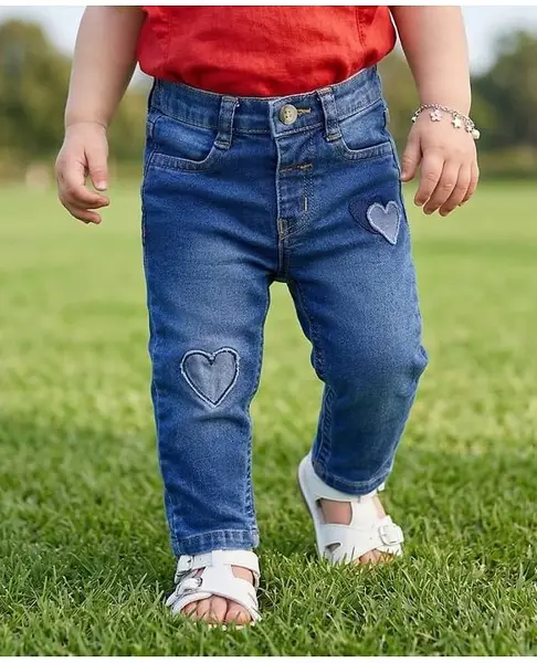 Babyoye Cotton Elastane Full Length Denim Jeans with Heart Embroidered - Navy Blue