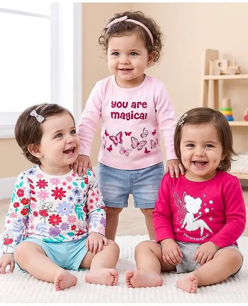 Babyoye 100% Cotton Full Sleeves  Floral & Butterfly Printed Tops Pack of 3 -  Pink & White