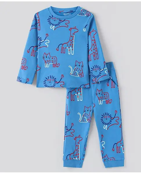 Bonfino 100% Cotton Knit Full Sleeves T-Shirt & Joggers Co-Ord Set With Animals Print - Blue