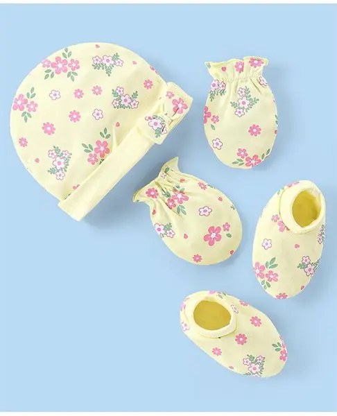 Babyhug 100% Cotton Floral Printed Cap Mittens & Booties - Light Yellow