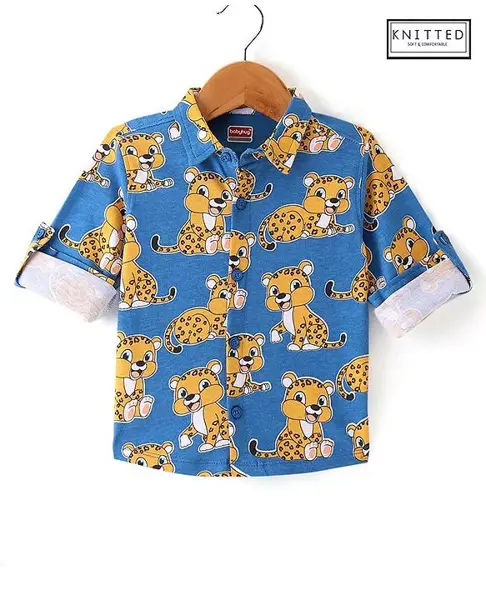 Babyhug Cotton Knit Full Sleeves Regular Collar Shirt with Cub Print - Navy Blue