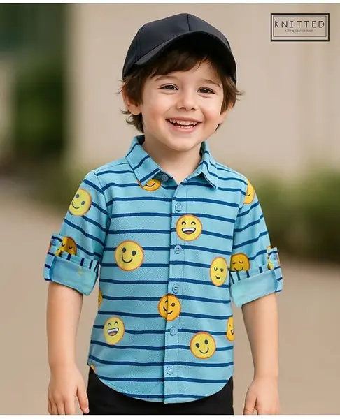 Babyhug Cotton Knit Full Sleeves Striped Shirt With Emojis Print - Light Blue