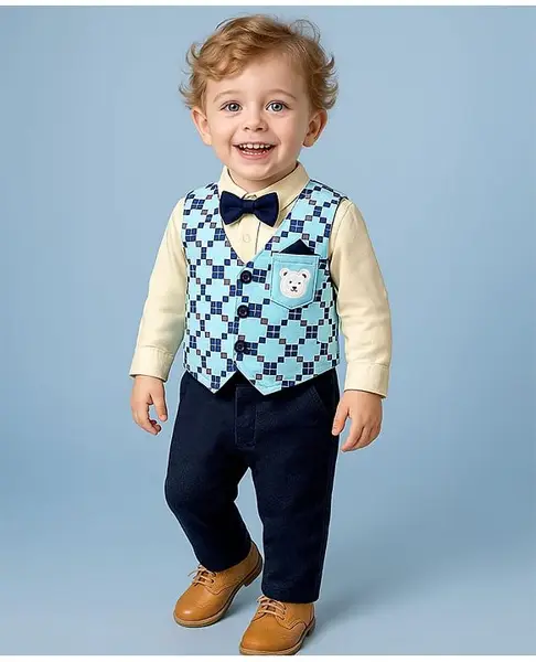 Babyoye 100% Cotton Knit Full Sleeves Checkered T-Shirt & Trouser Set  with Waist Coat Bear Embroidery  - Cream & Blue