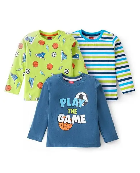 Babyhug 100% Cotton Knit Full Sleeves Striped T-Shirt & Game Theme Print Pack of 3 - Green & Navy