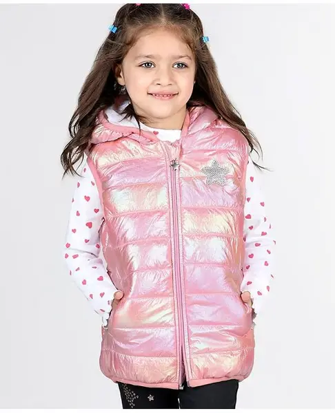Babyhug Woven Sleeveless Padded Hooded Metallic Jacket with Pockets & Ear Applique - Pink