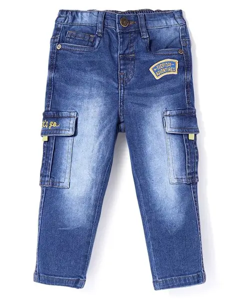 Babyhug Full Length Denim Jeans With Text Embroidery - Navy Blue