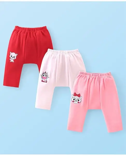 Babyhug Cotton Knit Anti-Microbial Ankle Length Diaper Pants with Unicorn Print Pack of 3 - Red & Pink