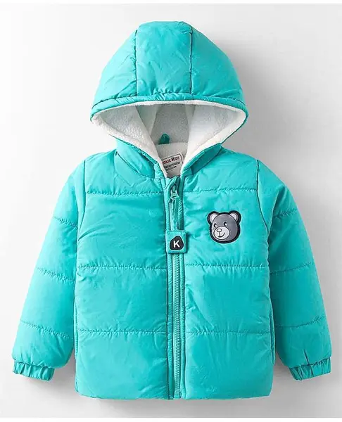 Kookie Kids Woven Full Sleeves Padded Hooded Winter Jacket with Bear Graphics & Pocket Detailing -Turquoise