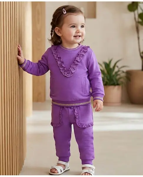 Babyoye Cotton Knit Full Sleeves Lace Detailed Sweatshirt & Jogger Set - Purple