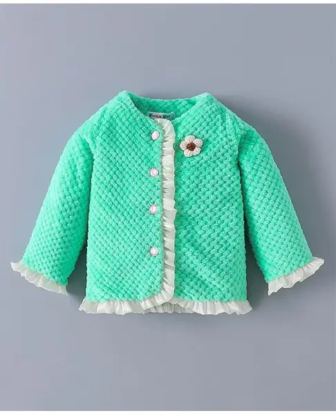 Kookie Kids Full Sleeves Front Open Quilted Fur Jacket With Frill Detailing - Green