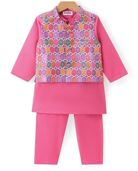 Babyhug Cambric Woven Full Sleeves Solid Colour Kurta Pyjama Set with Floral Printed Nehru  Jacket  -  Pink