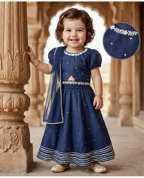 Babyoye Cotton Woven Half Sleeves Solid Dyed Embroidered Choli Lehenga Set With Dupatta - Navy Blue