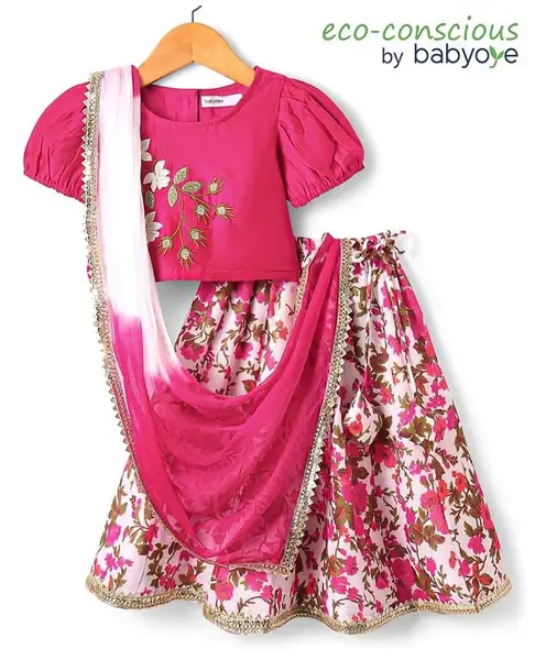 Babyoye Cotton Woven Half Puffed Sleeves Choli Lehenga Set With Floral Embroidery & Print & Dupatta - Red