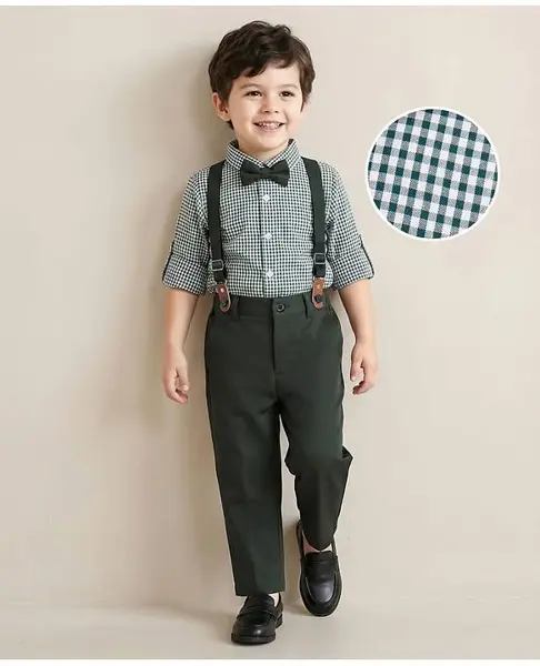 Mark & Mia Full Sleeves Checkered Shirt & Trouser Set with Bow  Suspender - Dark Green & White