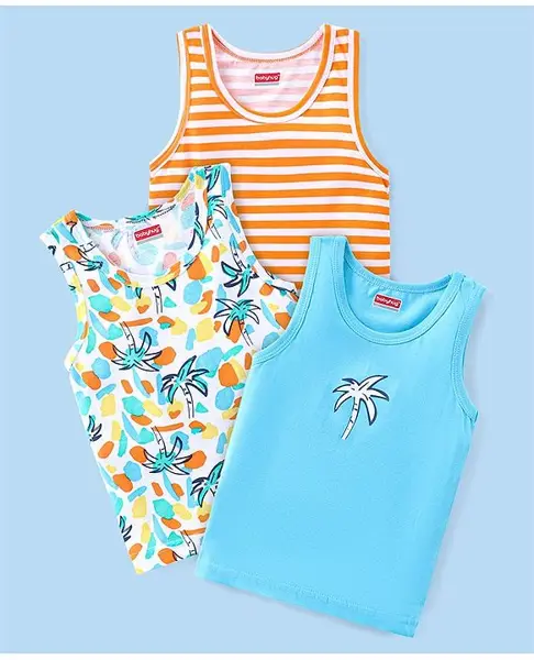 Babyhug 100% Cotton Single Jersey Knit Sleeveless Sandos with Stripes & Tropical Theme Print Pack of 3 - Orange & Blue