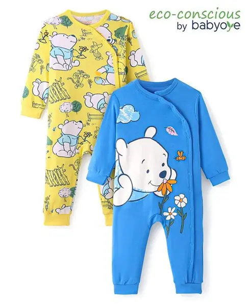 Babyoye Disney Interlock Knit Full Sleeves Front Open Rompers with Winnie The Pooh Graphics Pack of 2 - Blue & Yellow