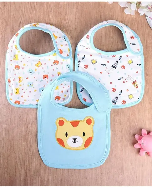 Babyhug Cotton Bibs Tree Embroidery Set of 3 - Blue & White