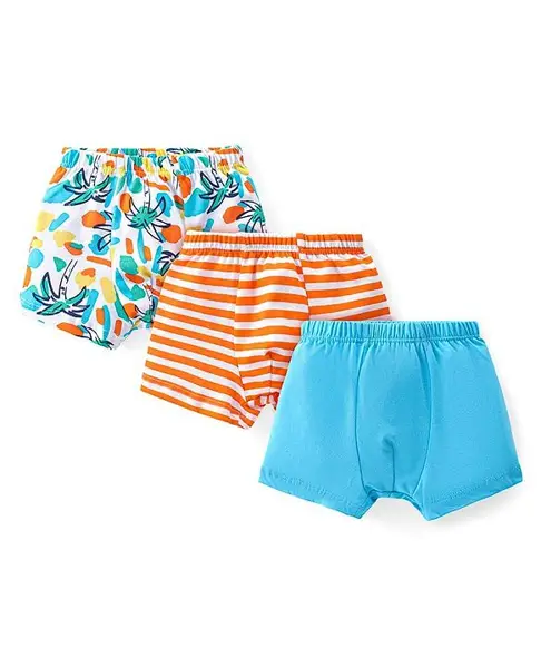 babyhug 100% Cotton Knit Trunks with Stripes & Tropical Theme Print Pack of 3 - Blue & Orange