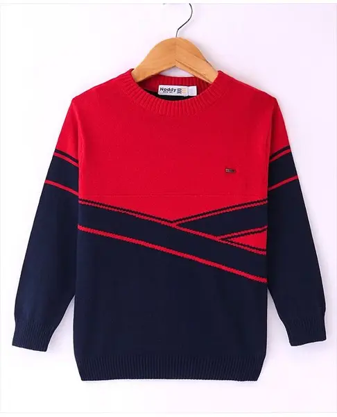 Noddy Knitted Full Sleeves Color Blocked Sweater - Red & Navy Blue