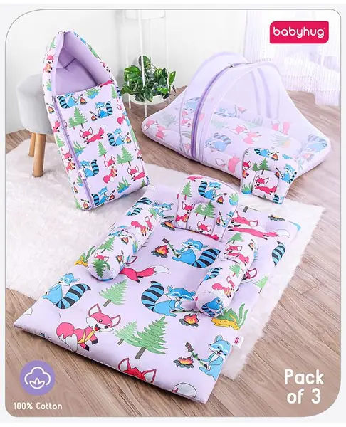 Babyhug Premium Bedding Super Saver Combo Fox Print Set of 3  - Lilac