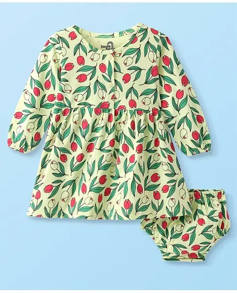 Doodle Poodle Cotton Knit Full Sleeves  Floral Printed A Line Frock with Bloomer - Lime