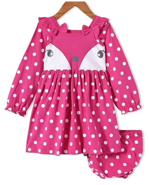 Babyhug Single Jersey Knit Full Sleeves Polka Dot Printed Frock With Bloomer & Bow Applique - Dark Pink