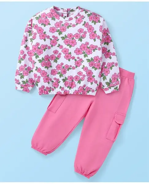 Babyhug Cotton Knit Full Sleeves Floral Printed Top & Lounge Pants Set - Pink & White