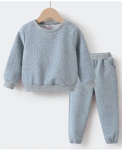 Kookie Kids Full Sleeves Textured Winter Wear Co-Ord Set - Light Grey