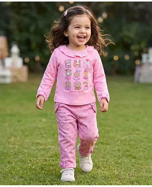 ToffyHouse Cotton Knit Full Sleeves Top & Legging Set With Animal Print - Pink