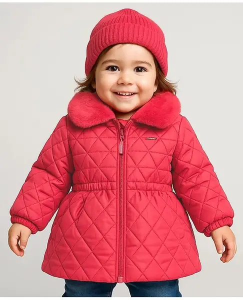 Babyoye Woven Full Sleeves Padded Quilted Jacket with Fur Detailing At Collar & Solid Colour - Red
