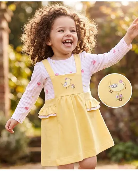 ToffyHouse Interlock Knit Full Sleeves Dress with Birds & Floral Print - Yellow & White