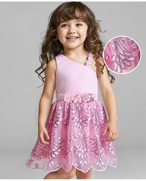 Babyhug Woven Sleeveless Party Wear Fit & Flare Dress with Sequinned Floral Embellishments  - Light Pink