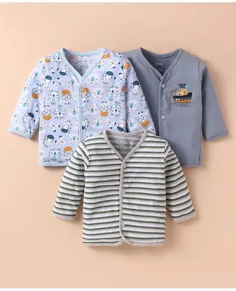 OHMS Single Jersey Knit Full Sleeves Striped & Ship Printed Set Of Vests Pack Of 3 - Blue  & Grey