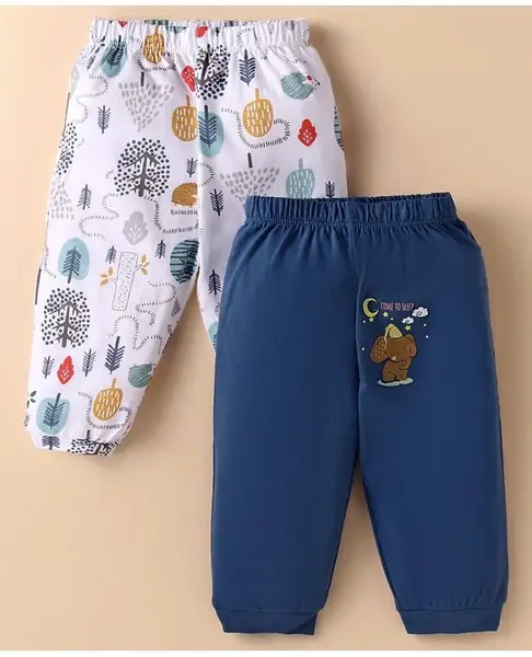 OHMS Single Jersey Knit Full Length Lounge Pants with Animal & Jungle Print Pack of 2 - Navy Blue & White