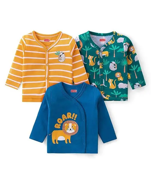 Babyhug Interlock Cotton Knit Full Sleeves Front Open Vests with Stripes & Animal Print Pack of 3 - Blue Yellow & Green