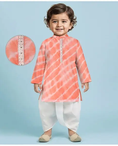 EARTHY TOUCH Chanderi Woven Full Sleeves Printed Dhoti Kurta Set - Orange