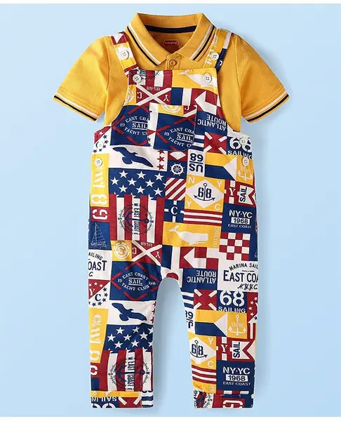 Babyhug Single Jersey Knit Half Sleeves Solid T-Shirt & Dungaree Style Romper with Flags  Print - Yellow & Blue