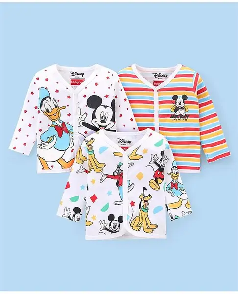 Babyhug Disney Cotton Knit Full Sleeves Front Open Jhablas with Striped & Mickey Mouse Graphics Pack of 3 - White