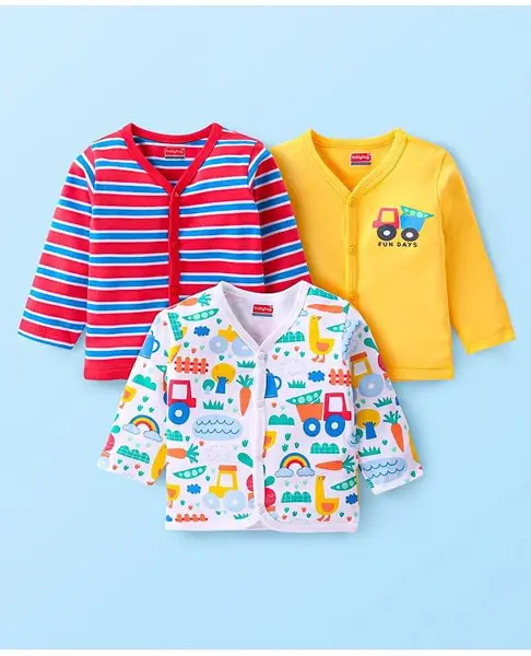 Babyhug 100% Cotton Full Sleeves Front Open Vests Vehicle Print Pack of 3 - Red White & Yellow