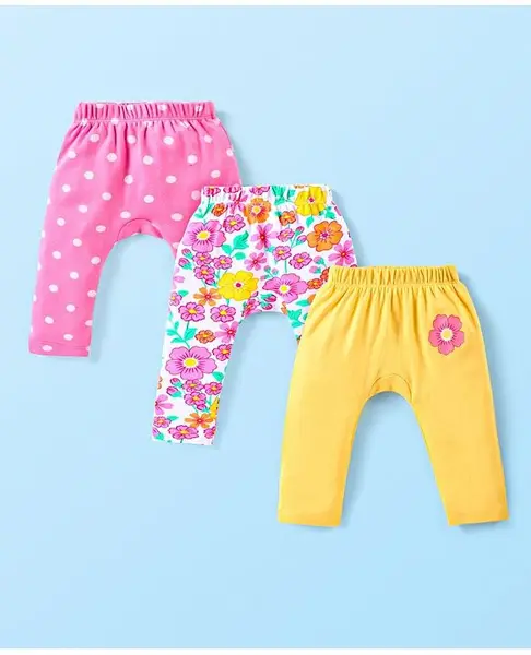 Babyhug Interlock Knit Full Length Diaper Leggings With Floral & Polka Dots Print Pack Of 3 - Pink & Yellow