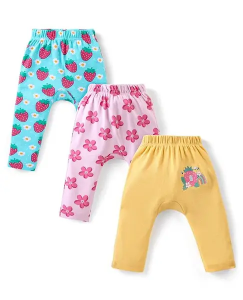 Babyhug Interlock Full Length Comfort Fit Diaper Leggings Floral & Strawberry Print Pack of 3 - Light Blue Light Pink & Yellow